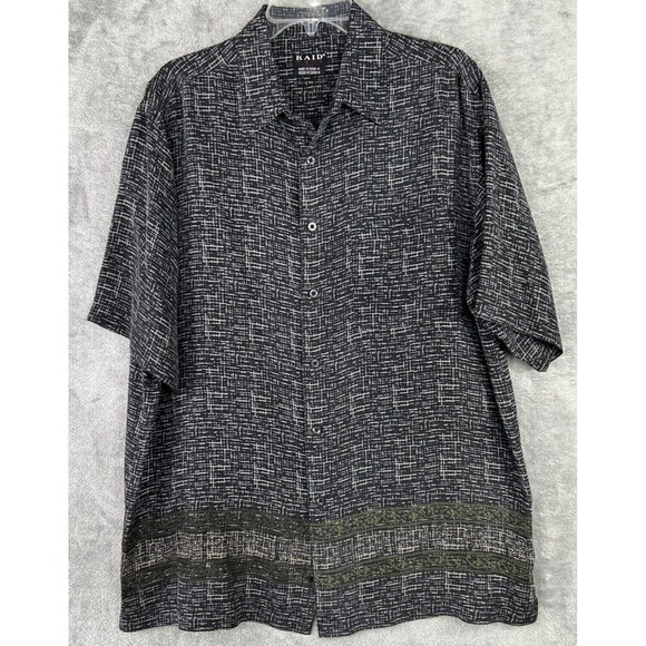 KAID Men's Medium Black Gray Geometric Silk Shirt Hawaiian Button Up Lightweight - Picture 1 of 9